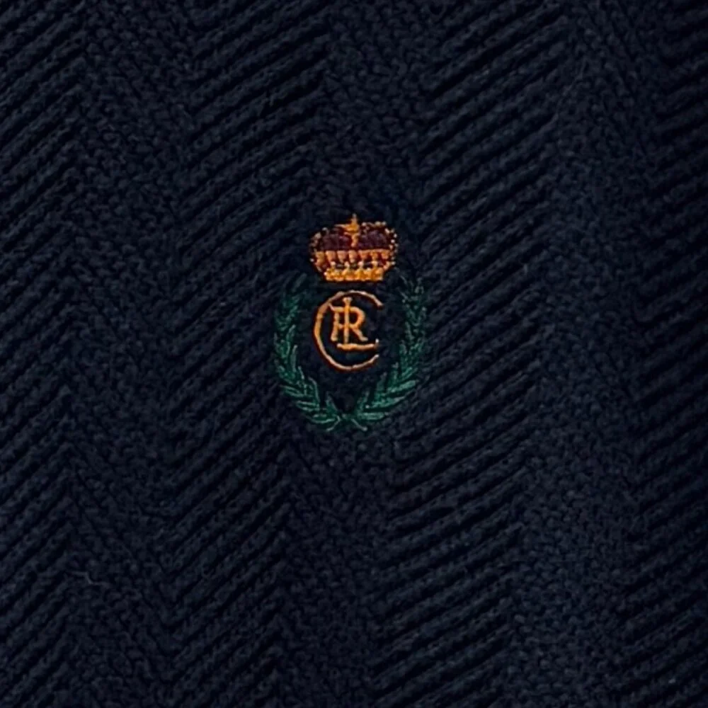 Vtg Chaps Ralph Lauren Hand Framed Rib Knit Cotton Sweater Navy Gold Crown XL